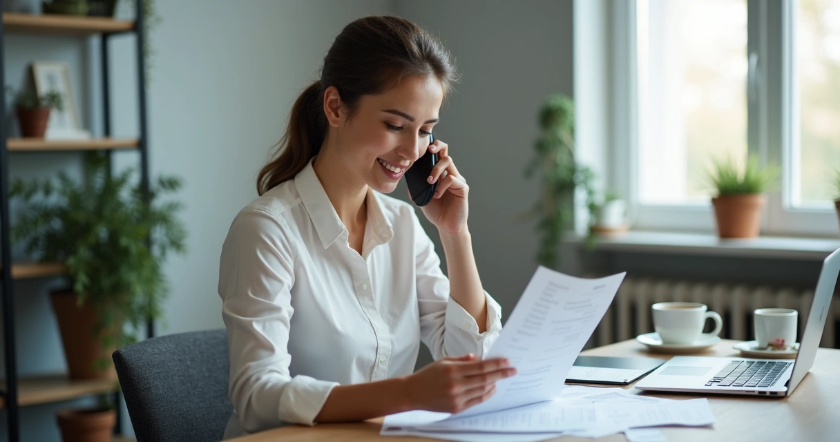 Pessoa segurando um telefone e uma fatura em um pequeno escritório 