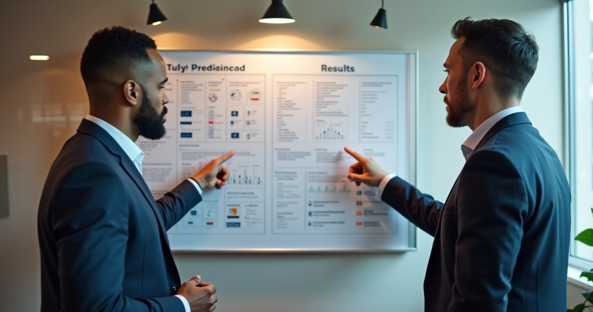 Dois colegas conversando em pé ao lado de um mural de metas 