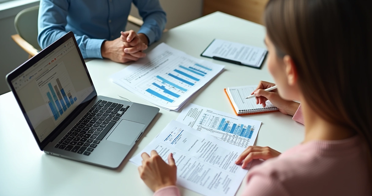 Duas pessoas em mesa analisando planilha de cobrança de aluguel 