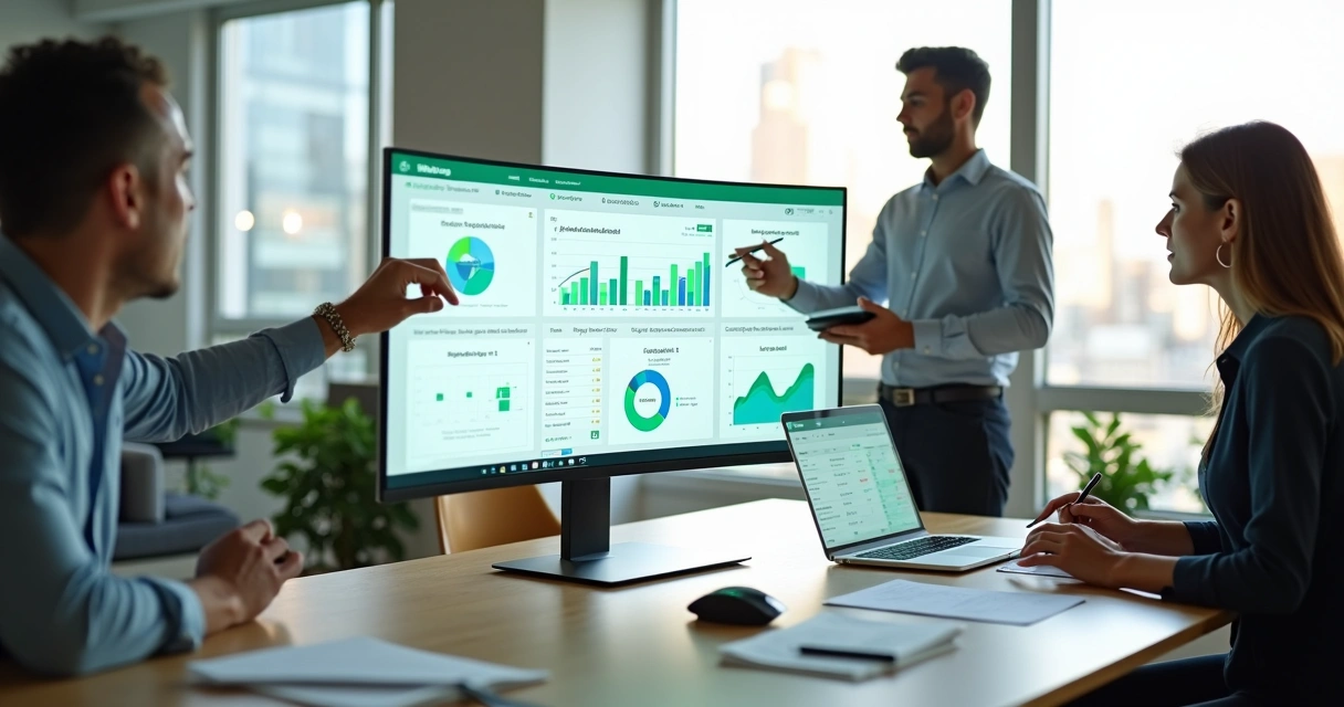 Time financeiro monitora cobrança automatizada por WhatsApp em escritório moderno 