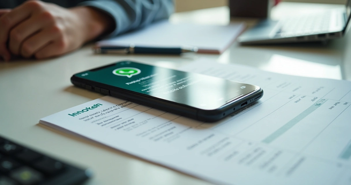 Tela de celular com conversa de cobrança e caderno financeiro ao lado