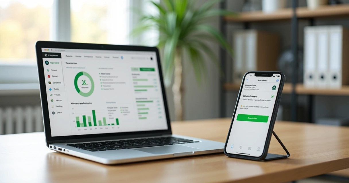Gestor financeiro usando notebook com painel e WhatsApp aberto na tela 