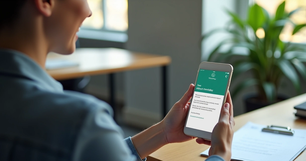 Pessoa usando o WhatsApp para cobrança de forma amigável em um ambiente de trabalho. 