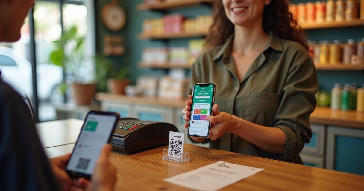 Dona de pequena loja usando WhatsApp para enviar cobranças e receber pagamentos no balcão 