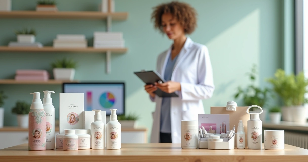 Nutricionista analisa produtos co-branded e kits exclusivos sobre a mesa da clínica 