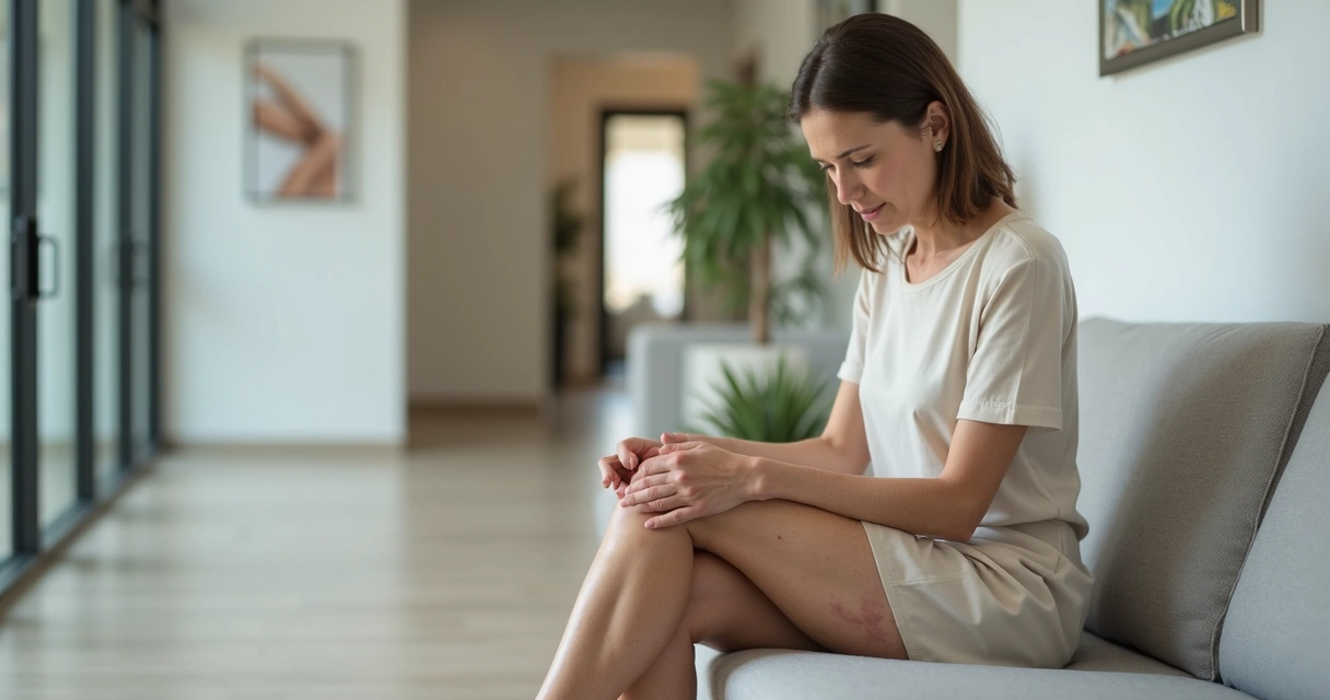 Mulher sentada em sofá olhando para as pernas com coceira e vasinhos visíveis 