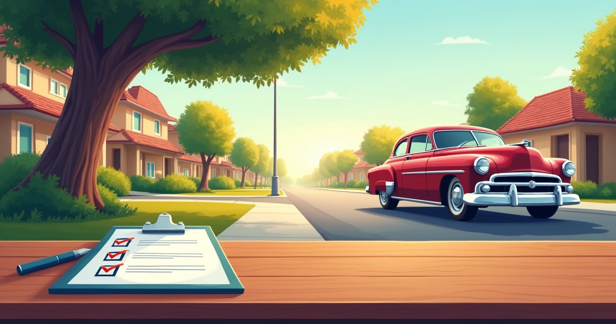 Ilustración de un coche vintage bajo un árbol con una lista de verificación sobre seguros de autos antiguos.