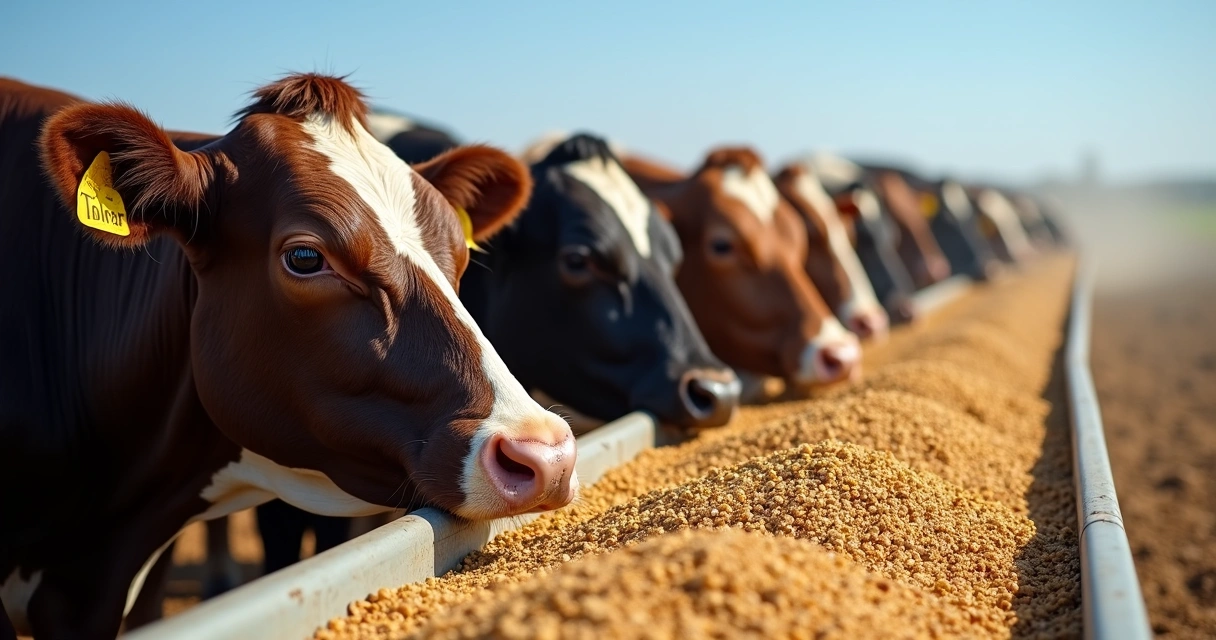 Bovinos comendo DDG no cocho de confinamento 