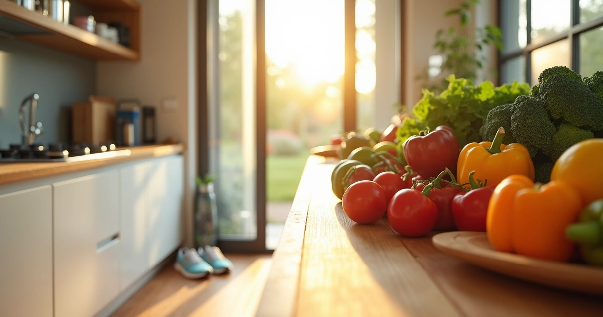 Cocina ordenada con frutas y verduras en la encimera