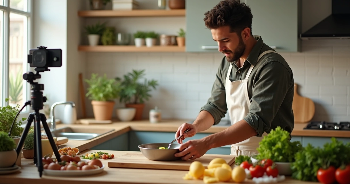Influencer cocinando receta sencilla con ingredientes frescos en cocina moderna 