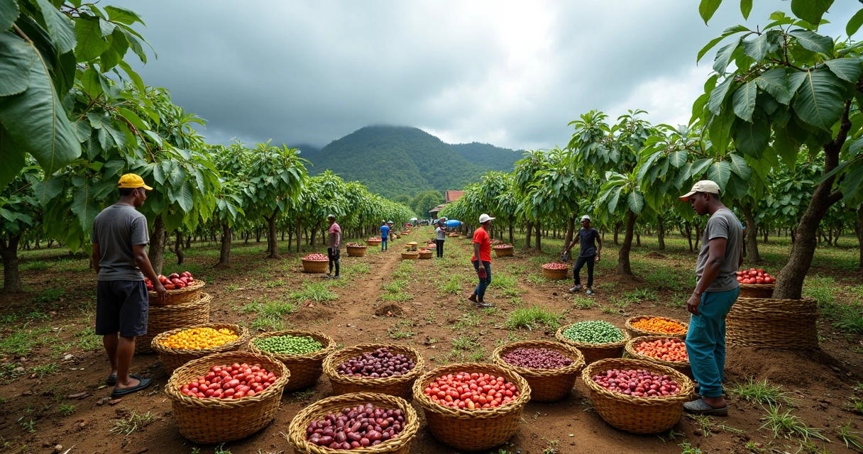 Workers harvesting cocoa beans in a lush plantation.