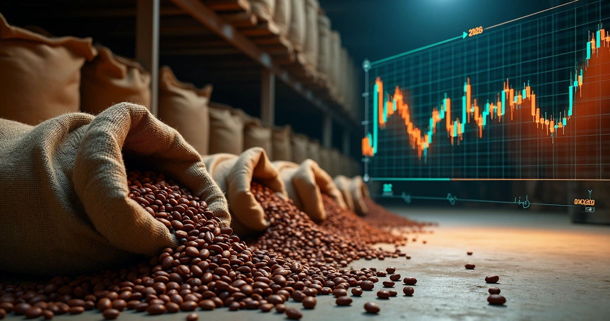 Cocoa beans in burlap sacks with volatile price chart overlay 