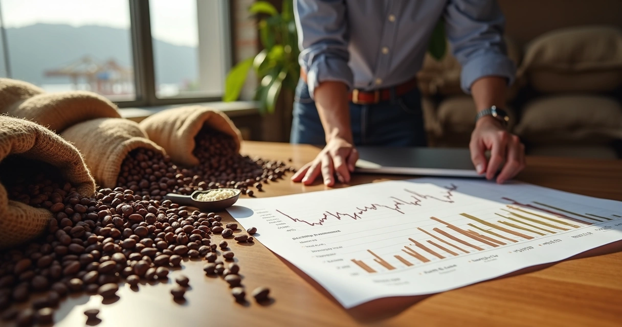 Cocoa trader examining cocoa beans and price chart on table 
