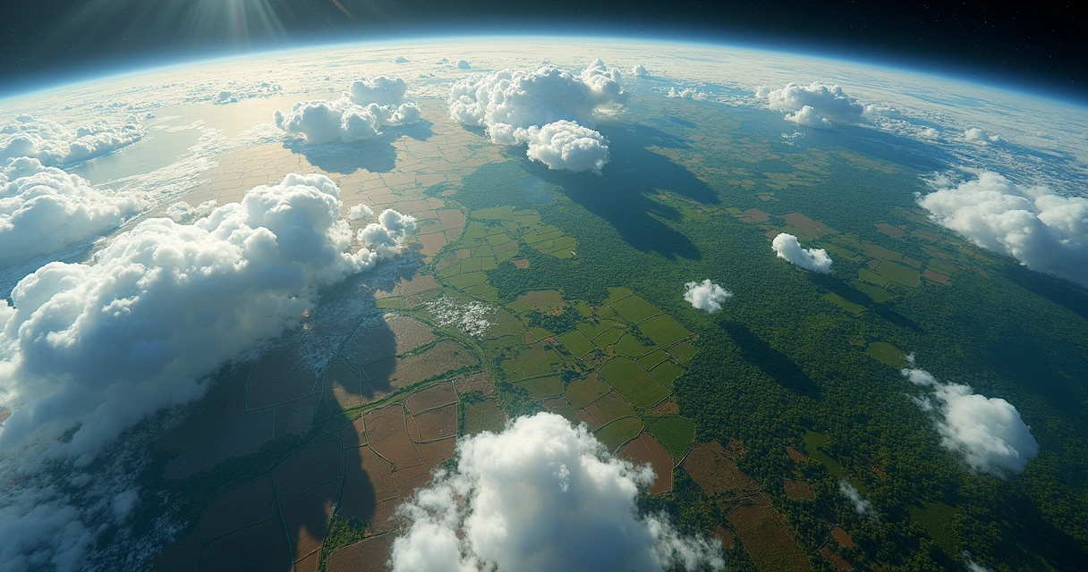 Satellite view showing storm clouds over Ivory Coast and lush fields in Ecuador. 