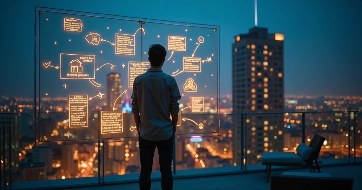 Pessoa contemplando mapa de metas iluminado por cidade noturna ao fundo 