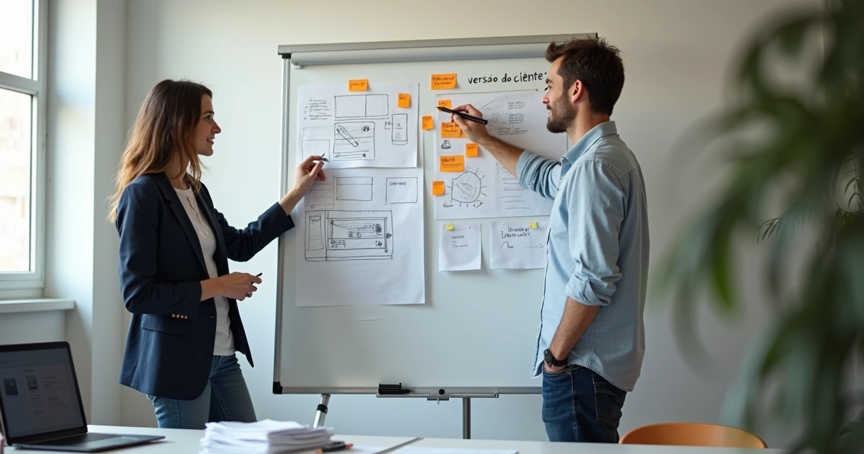 Empresário e cliente co-criando produto em frente a quadro branco com protótipo 