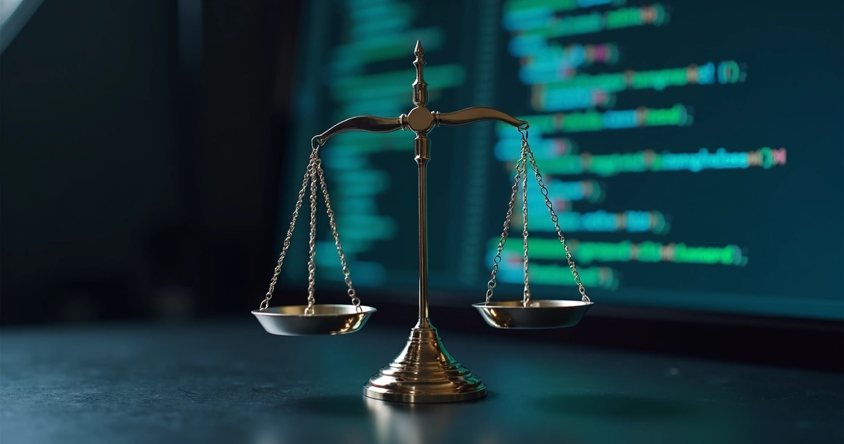 Balanced scale in front of a computer with code on screen 