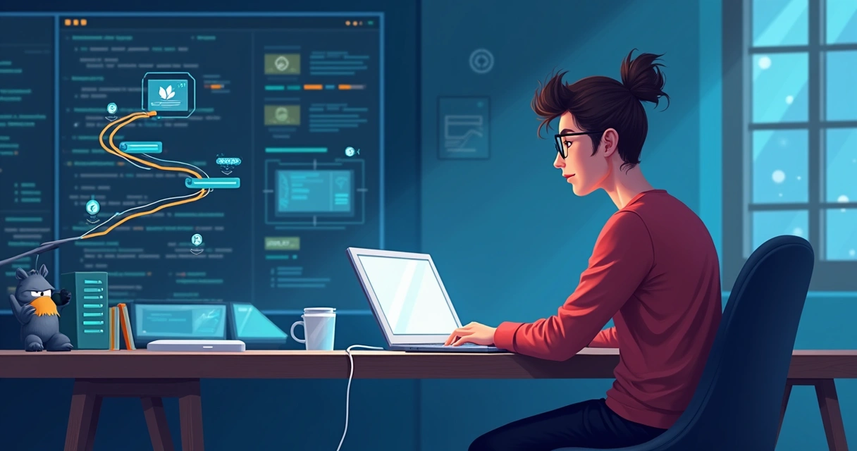 Desenvolvedor analisando código em laptop em esteira automatizada