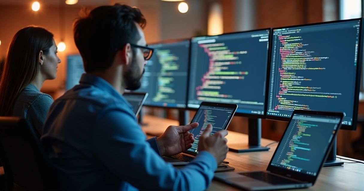 Developers discussing code on monitors with Laravel framework visible 