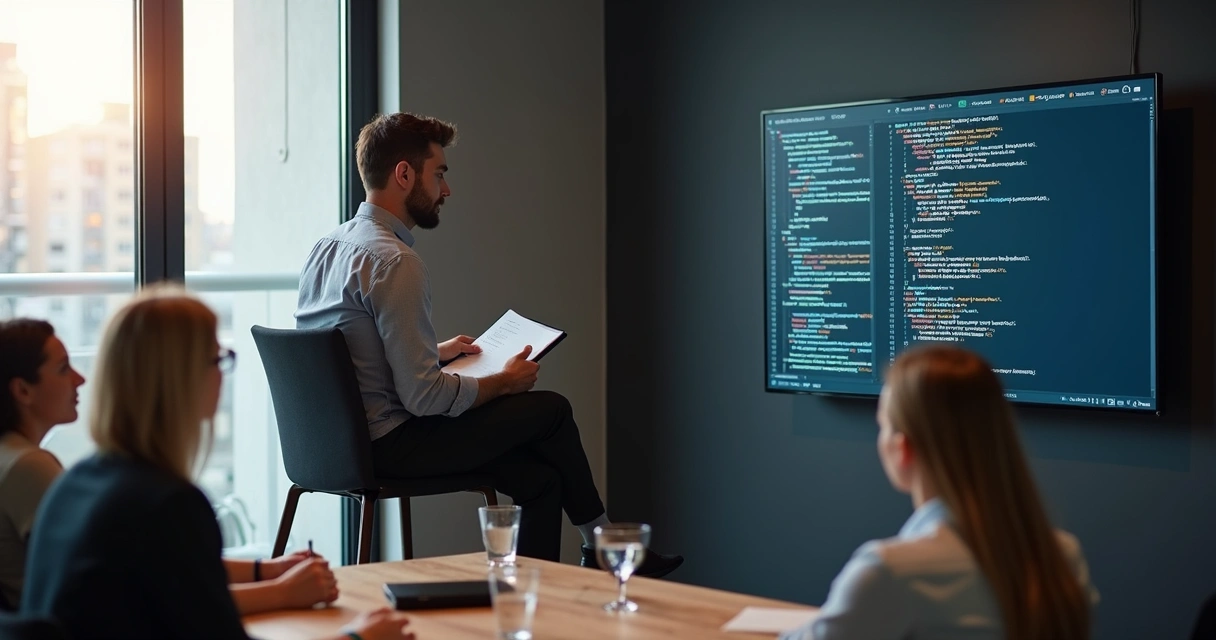 Senior developer reviewing Laravel code on large screen with team. 