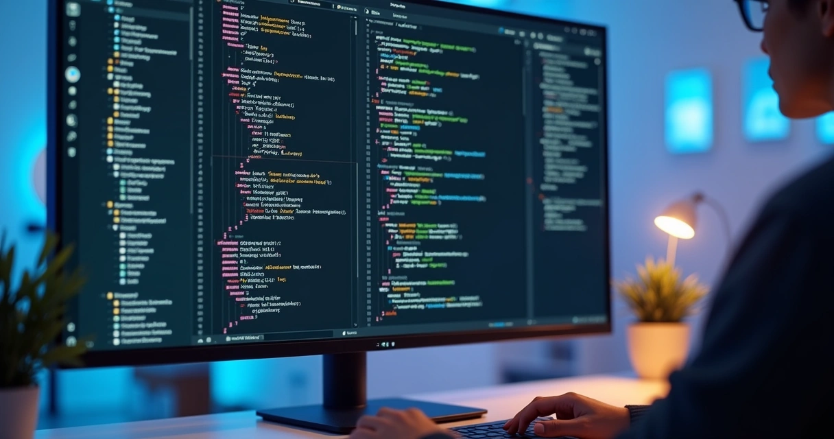 Tela de um computador com código sendo escrito em colaboração com IA, interface clara e colorida, sugestões à direita