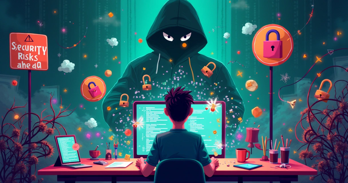 Ambiente caótico de codificação com riscos de segurança e desafios de manutenção representados por símbolos.