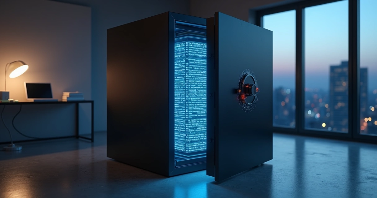 Cofre digital aberto protegendo sequência de código azul luminoso 