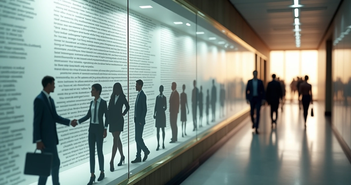 Quadro com código de conduta ganhando vida em corredor corporativo 