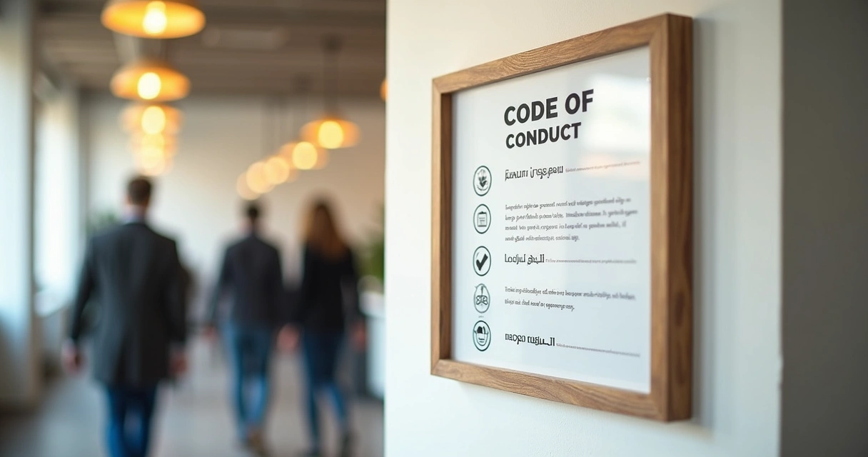 Código de conduta exposto em quadro na parede de empresa 