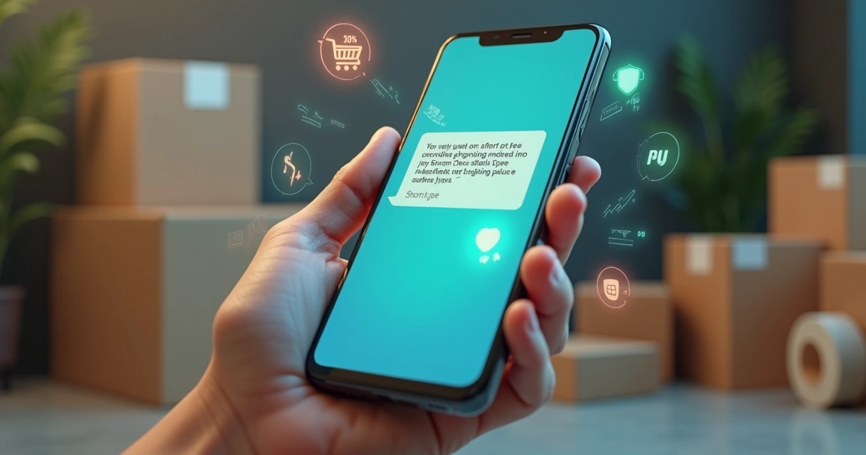Celular mostrando SMS com código curto rodeado por símbolos de marketing digital 