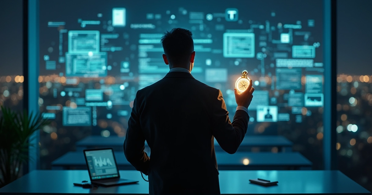 Pessoa observa código projetado enquanto segura bússola iluminada 