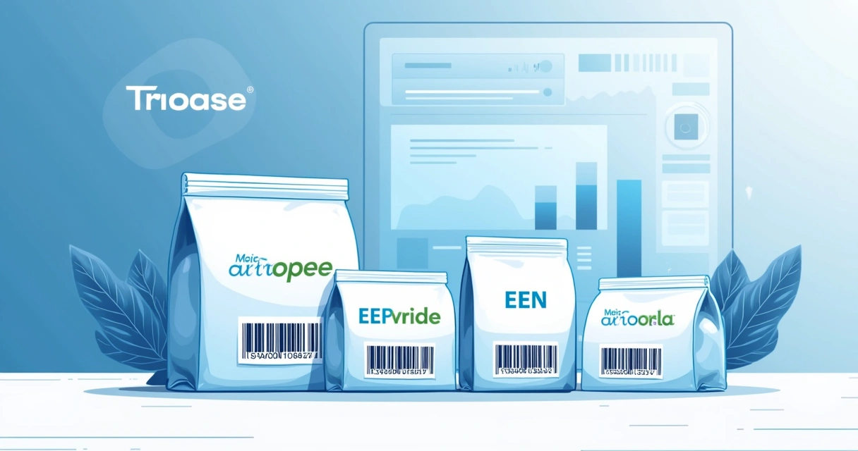 Códigos EAN em códigos de barras exibidos em produtos variados com interface digital de marketplace ao fundo 