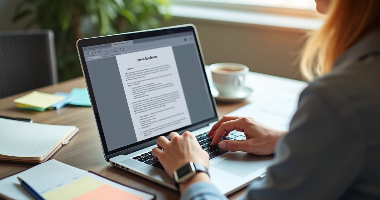 Pessoa revisando diretrizes éticas em notebook com anotações