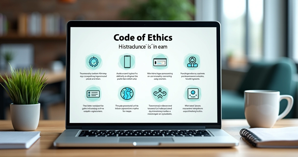 Documento digital com ilustrações de código de ética em tela de notebook 