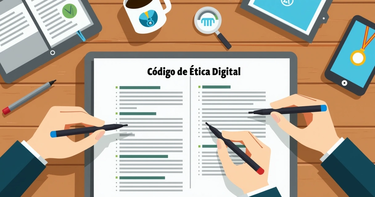 Documento de código de ética digital aberto sobre mesa com símbolo institucional