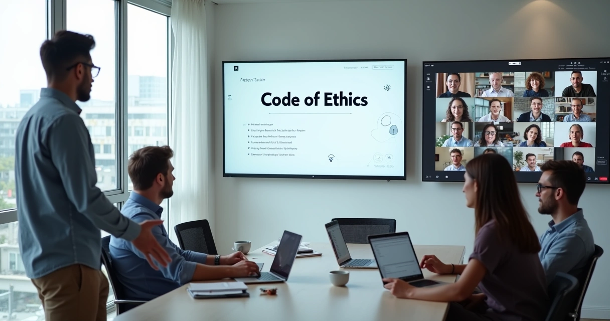 Líder facilitando reunião virtual sobre código de ética com equipe distribuída em tela grande 