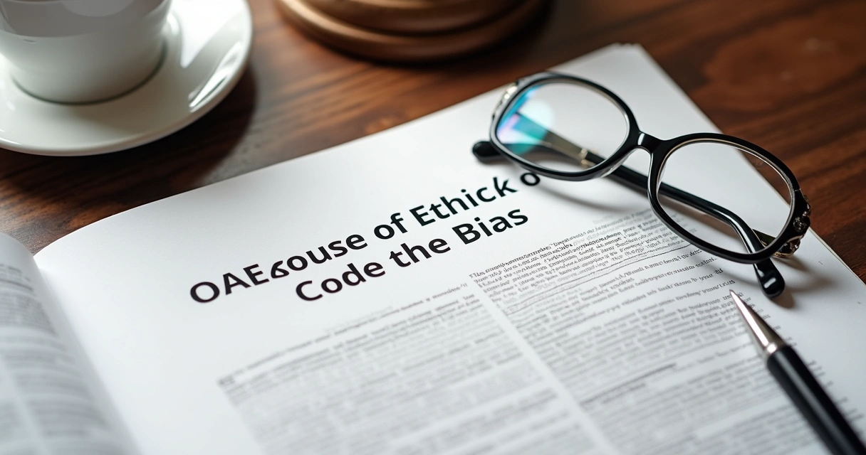 Trecho impresso do Código de Ética da OAB sobre mesa de madeira 