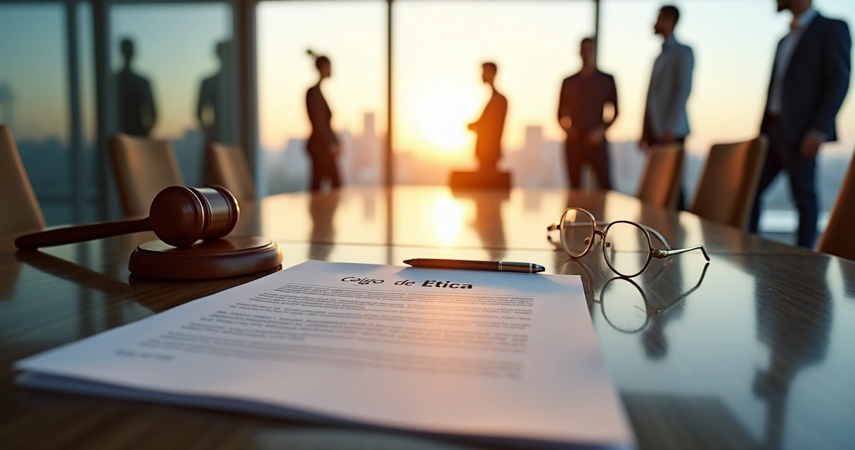 Mesa de reunião com código de ética aberto e silhuetas de pessoas no reflexo 
