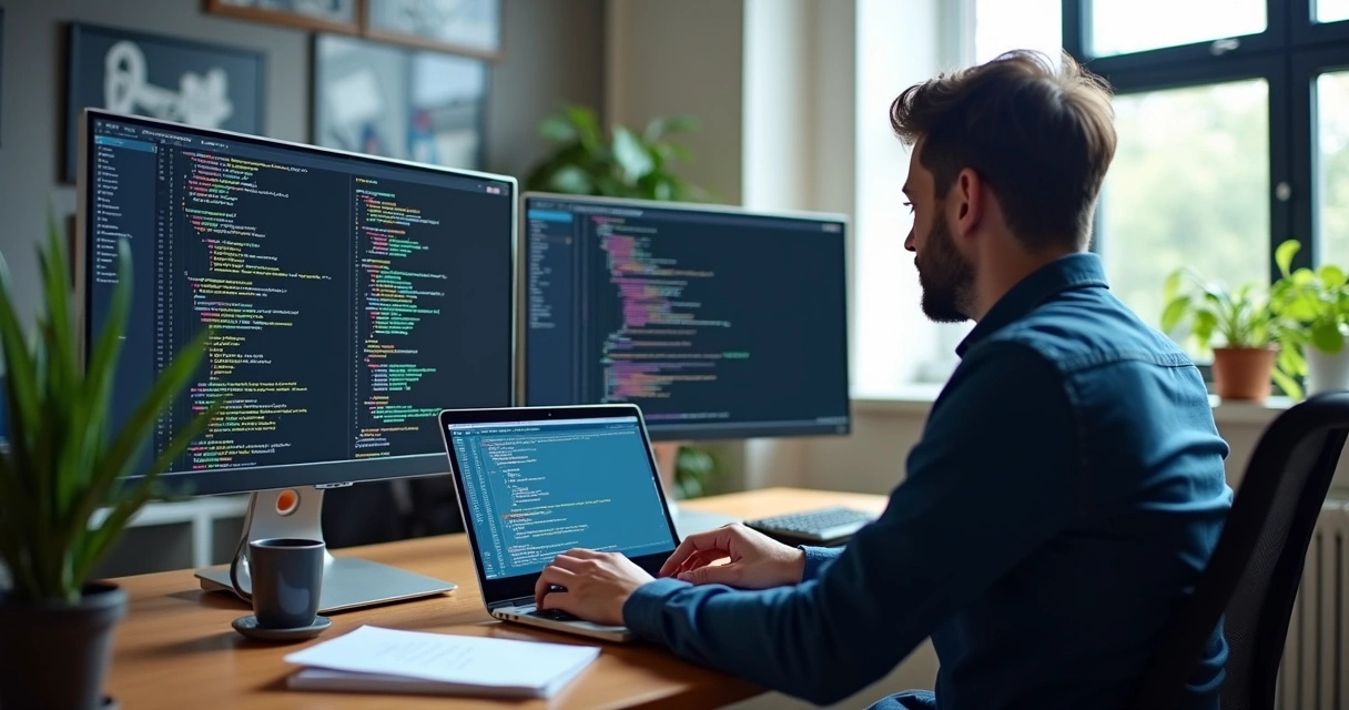 Tela dividida entre códigos de front end, back end e full stack na mesma mesa 