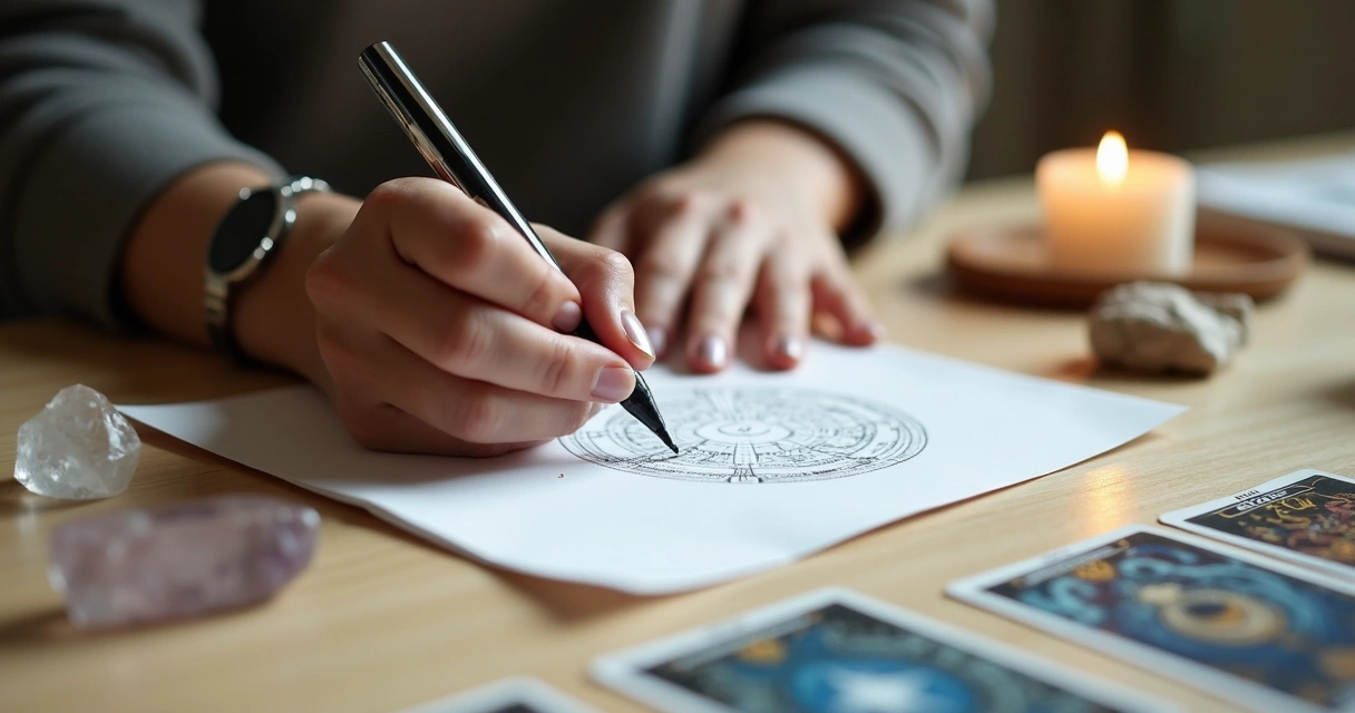 Códigos gráficos desenhados ao lado de cartas de Tarot em uma mesa de madeira clara. 