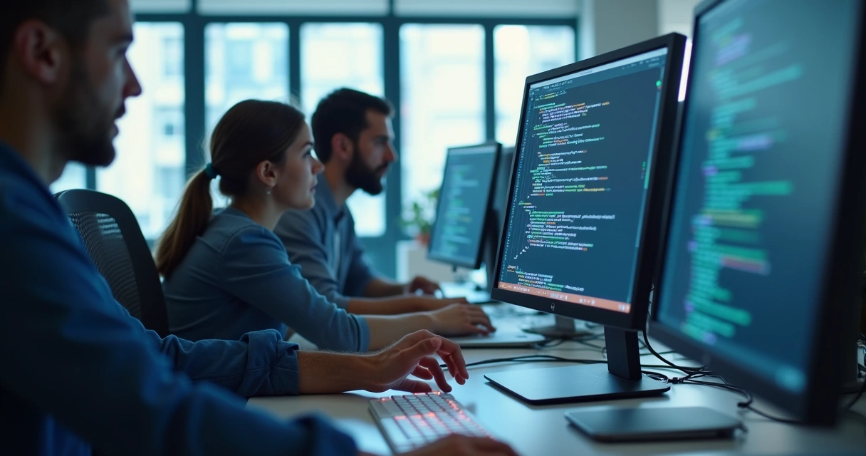 Desenvolvedores usando IA para programar em ambiente de escritório moderno 