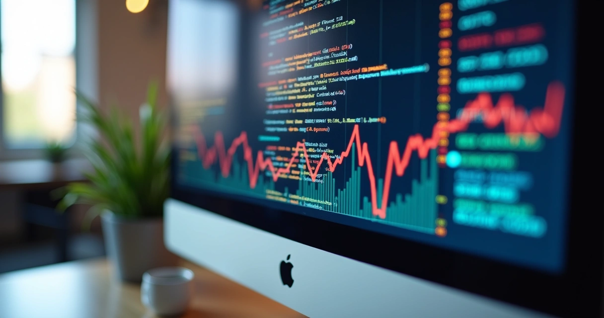 Tela de computador mostrando código de IA e gráficos de segurança digital 