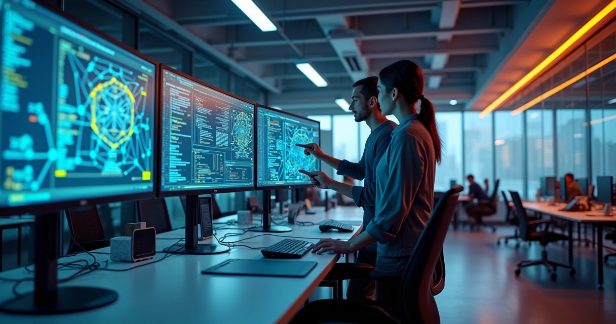 Tela com código de programação e elementos visuais de IA