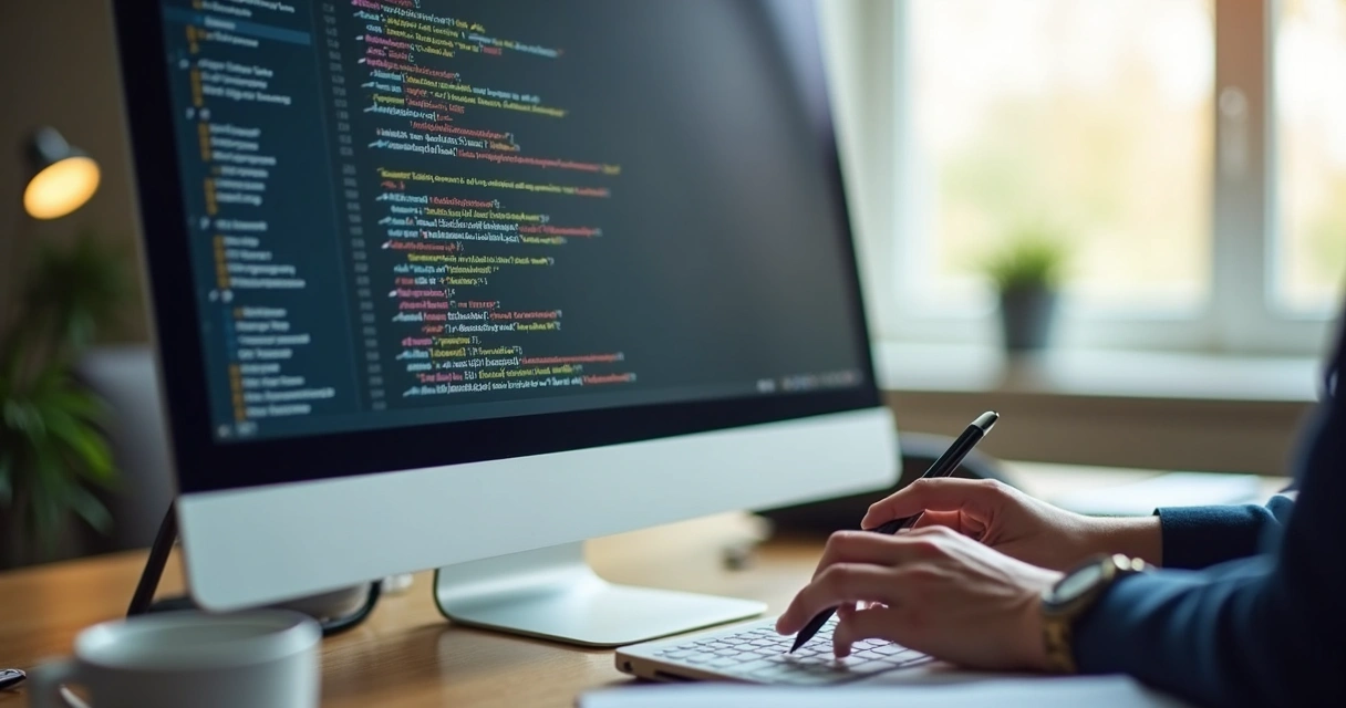 Tela de código de rastreamento sendo analisado em um monitor por um profissional 