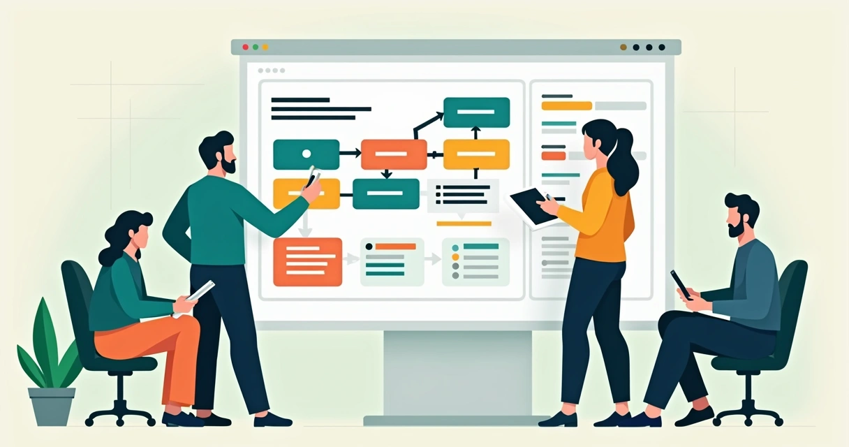 Profissionais mexendo em painel digital no estilo no code