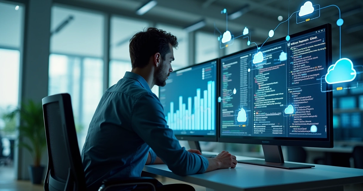 Código de aplicação em nuvem com ícones representando funções serverless 