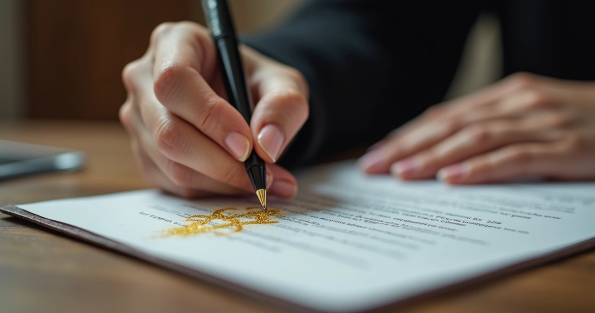 Mão feminina assinando contrato com código místico desenhado discretamente ao lado da assinatura. 