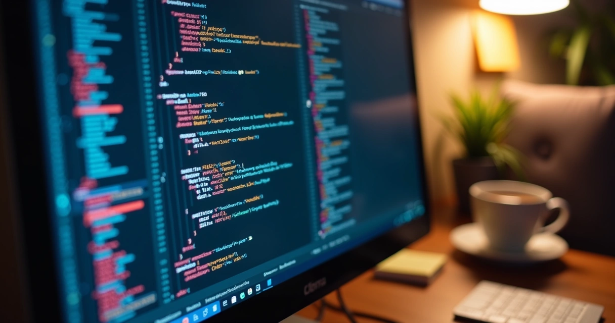 Trechos de código HTML, CSS e JavaScript em tela de computador. 