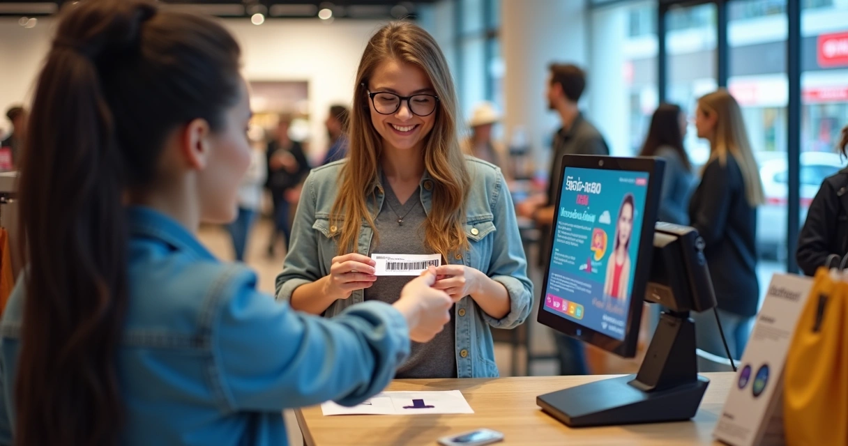 Cliente apresenta código promocional da tela de TV da loja no caixa 