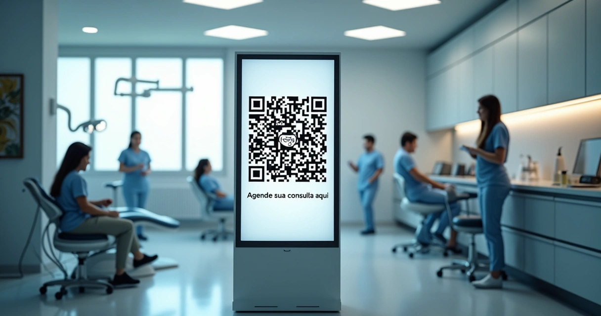 Display com QR code direcionando para agendamento de consulta odontológica